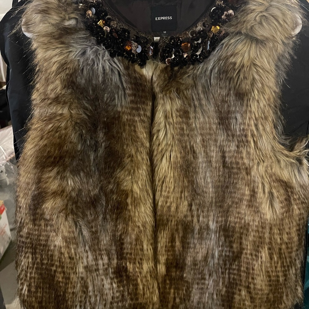 Express Faux Fur Vest with Embellished Neckline